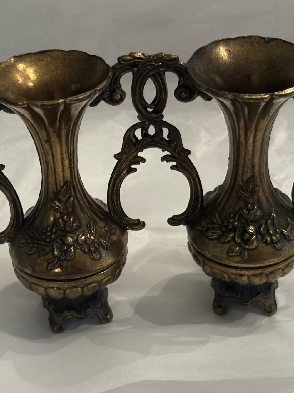 Ornate Brass-Tone Double Bud Vase Pair Made in Italy - 5 inches tall